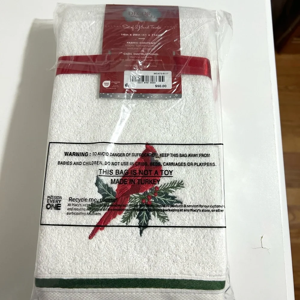 Holiday Cardinal Turkish Cotton Hand‎ Towel, set of 2